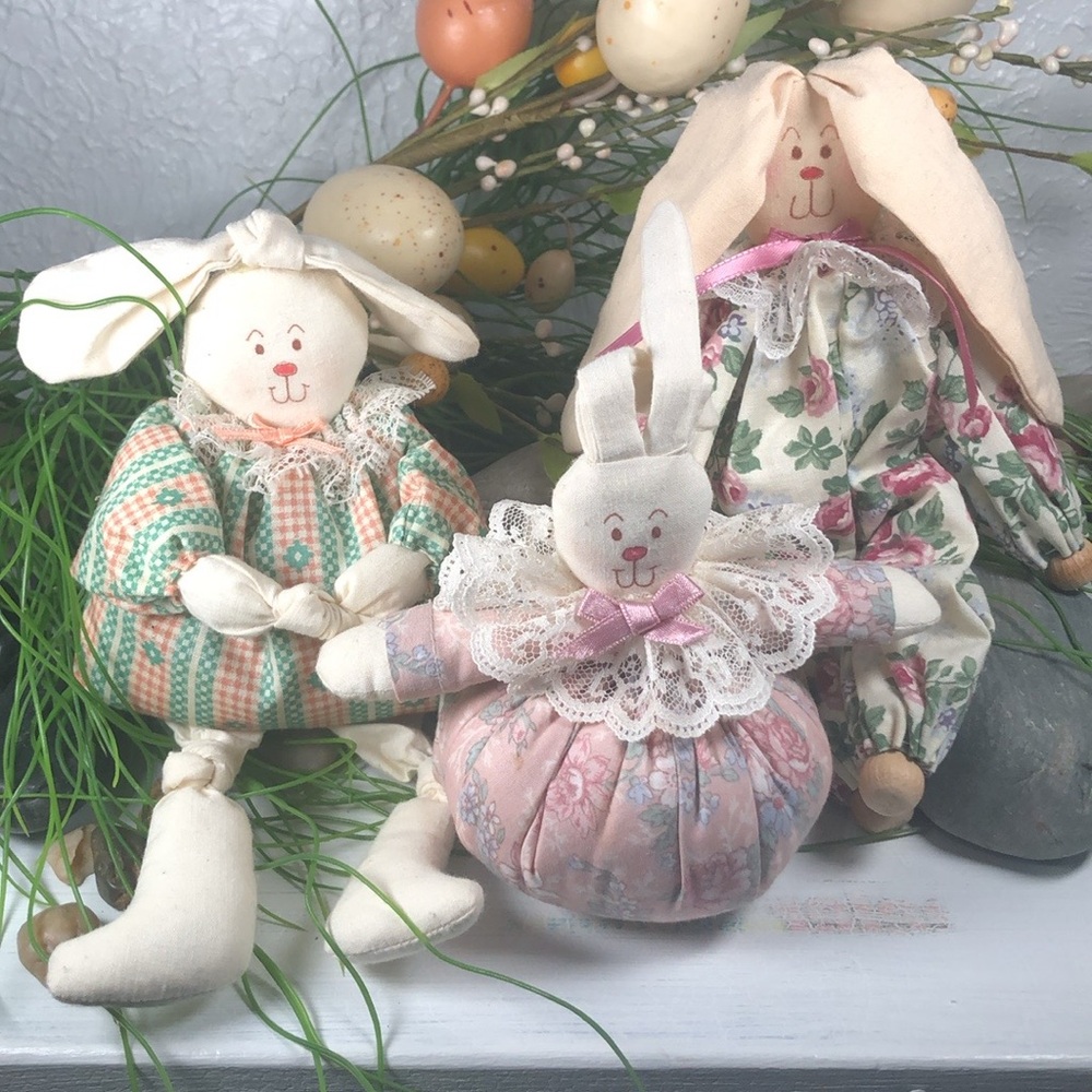 Bunny Rabbit Doll Set Shelf Sitters Easter Farmhouse Country VTG Mini Bunny Doll - Picture 13 of 14